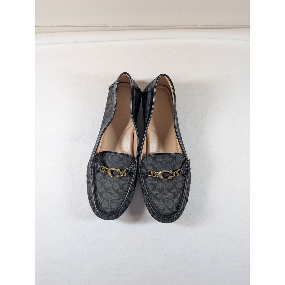 Coach Driving Loafers Womens 8.5 Black Signature Jacquard Logo Chain Flats